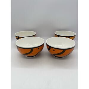 Pier 1 Hand Painted ITALY Orange & Black Dots Wavey Lines Set of 4 Cereal Bowls